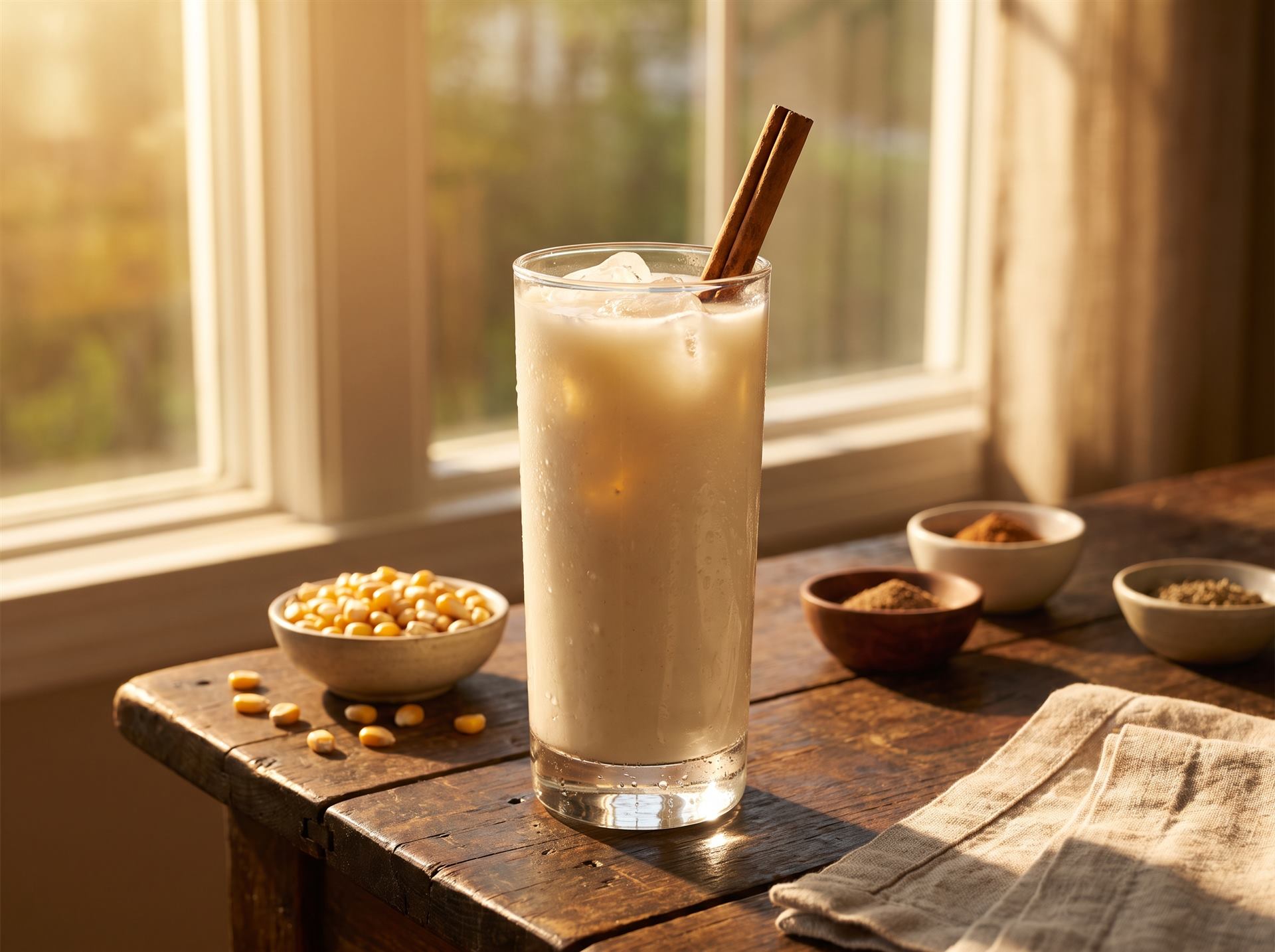 Vaso de chicheme panameño frío con canela, listo para servir