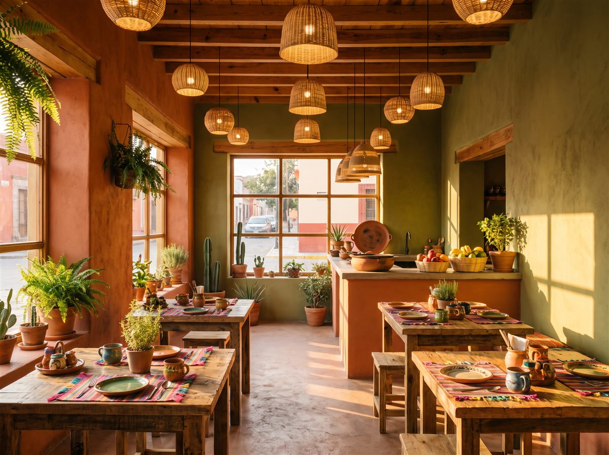 Comedor cálido y rústico de Fonda Raíces, con mesas de madera y luces cálidas