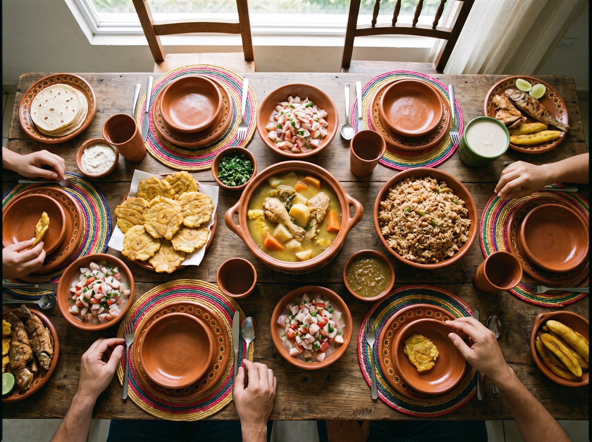 Mesa servida con sancocho, ceviche, patacones y arroz, vista desde arriba