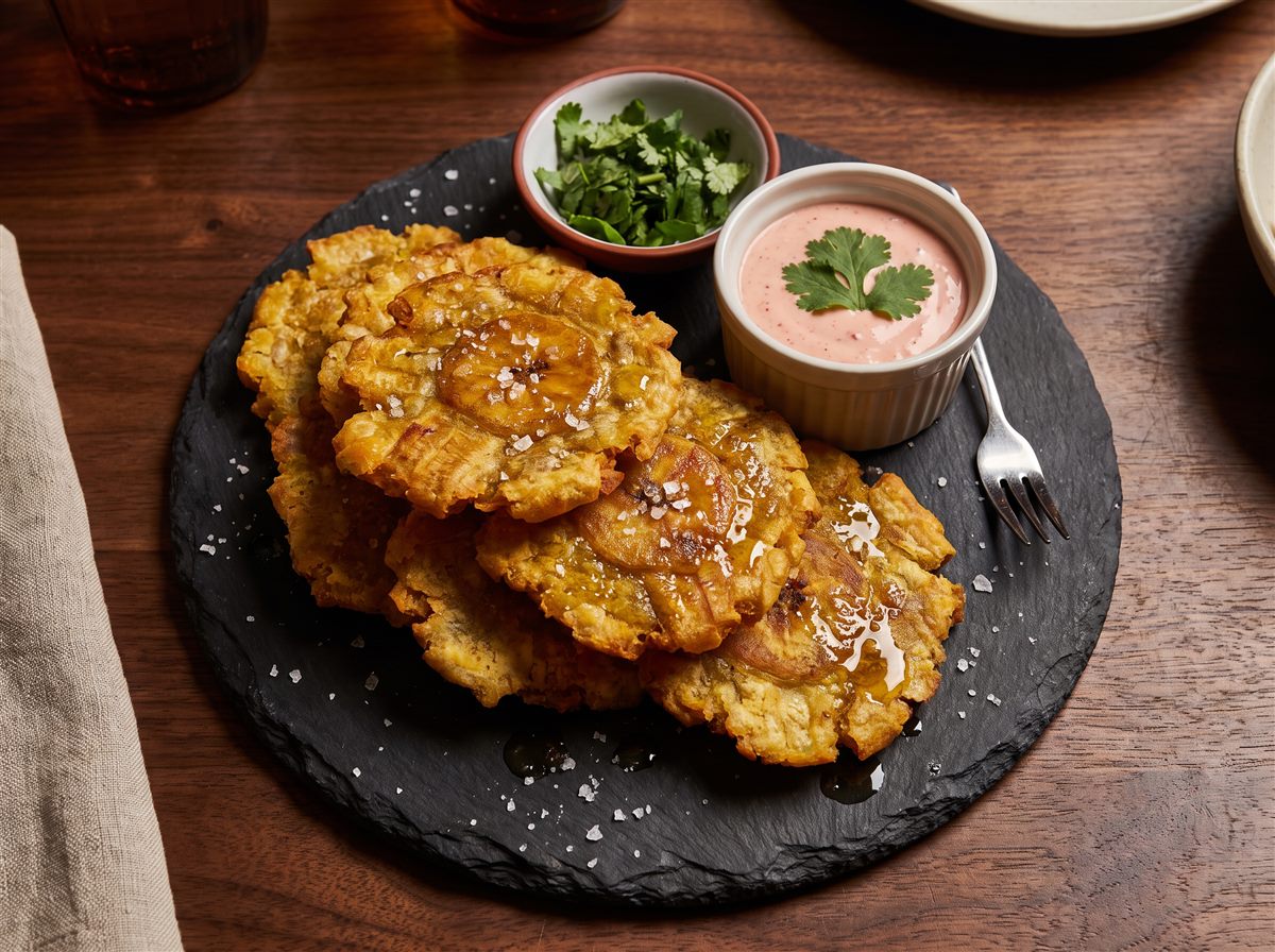 Patacones dorados con salsa rosada y culantro fresco
