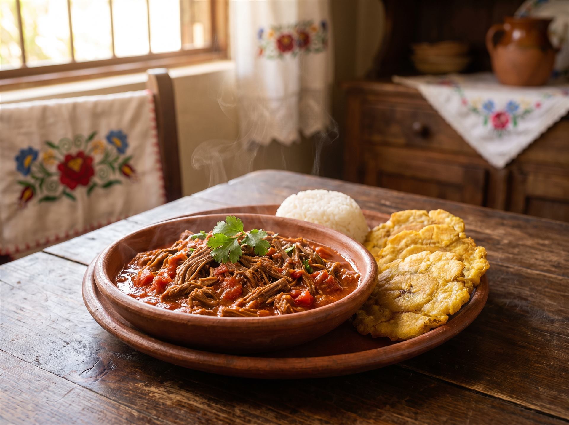 Ropa vieja panameña con patacones, arroz blanco y cilantro