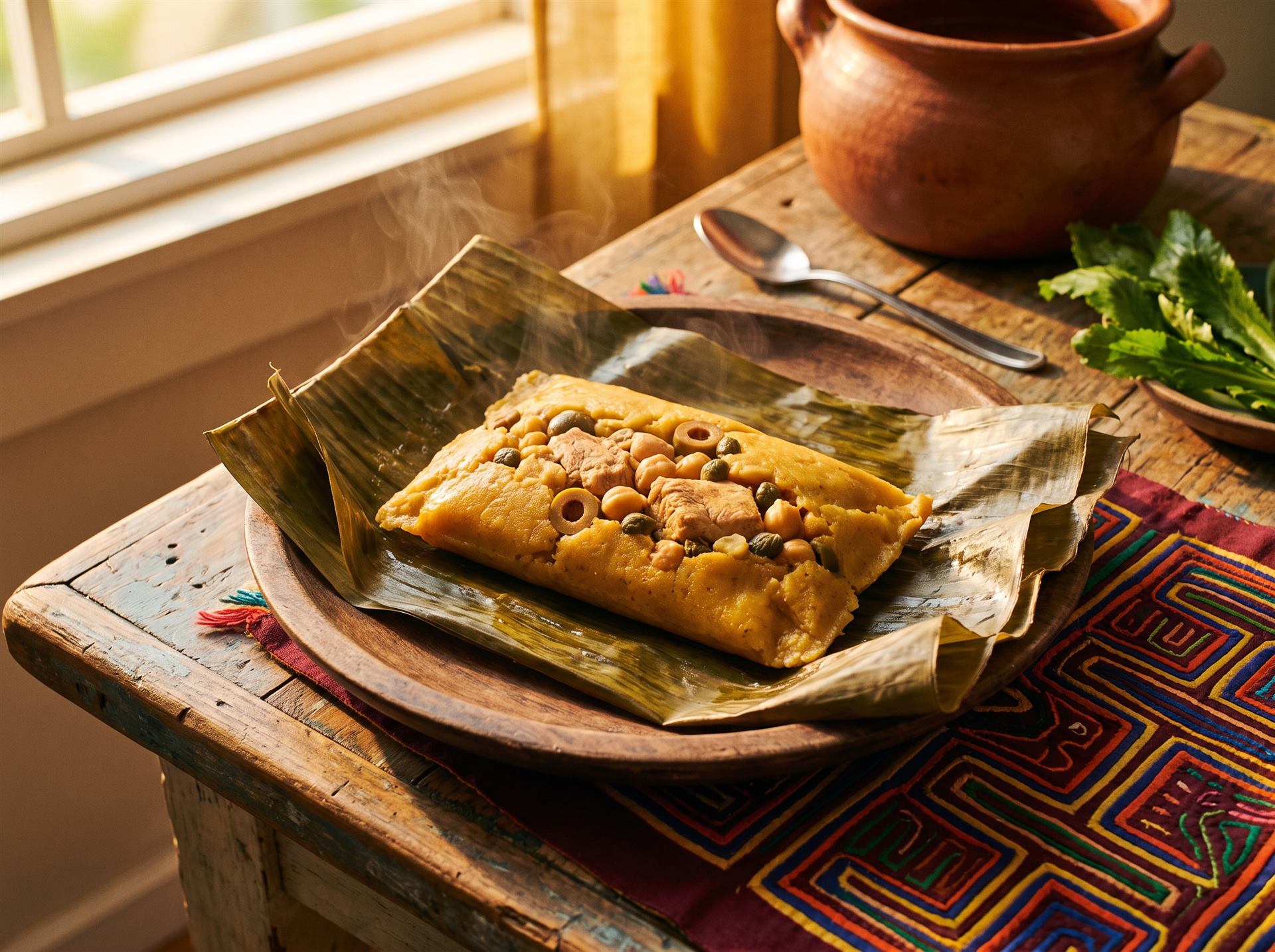 Tamal de olla panameño envuelto en hoja de bijao, relleno de pollo y garbanzo