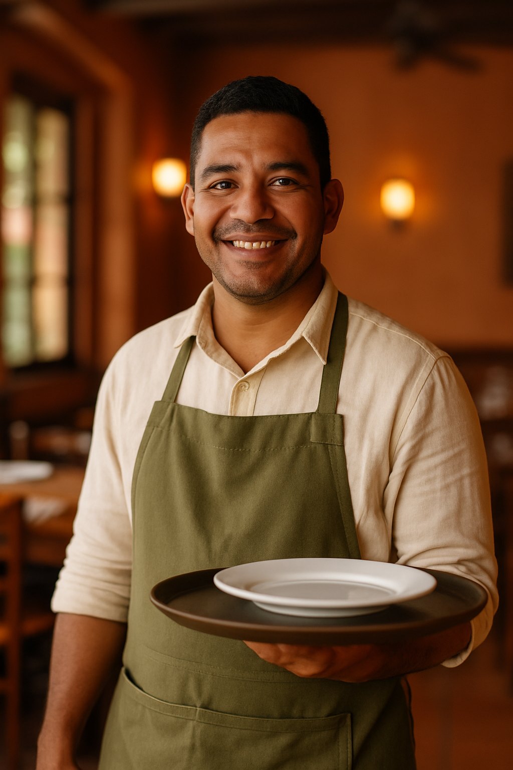 Mesero de Fonda Raíces sonriendo con un plato en las manos