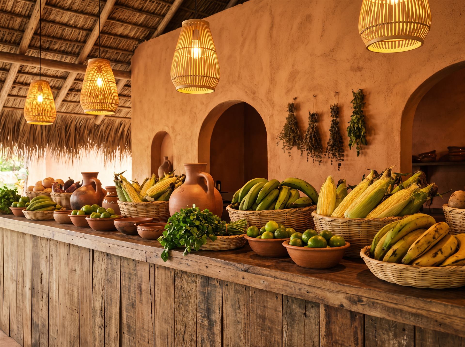 Barra con canastas de maíz, plátanos, limones y cilantro fresco
