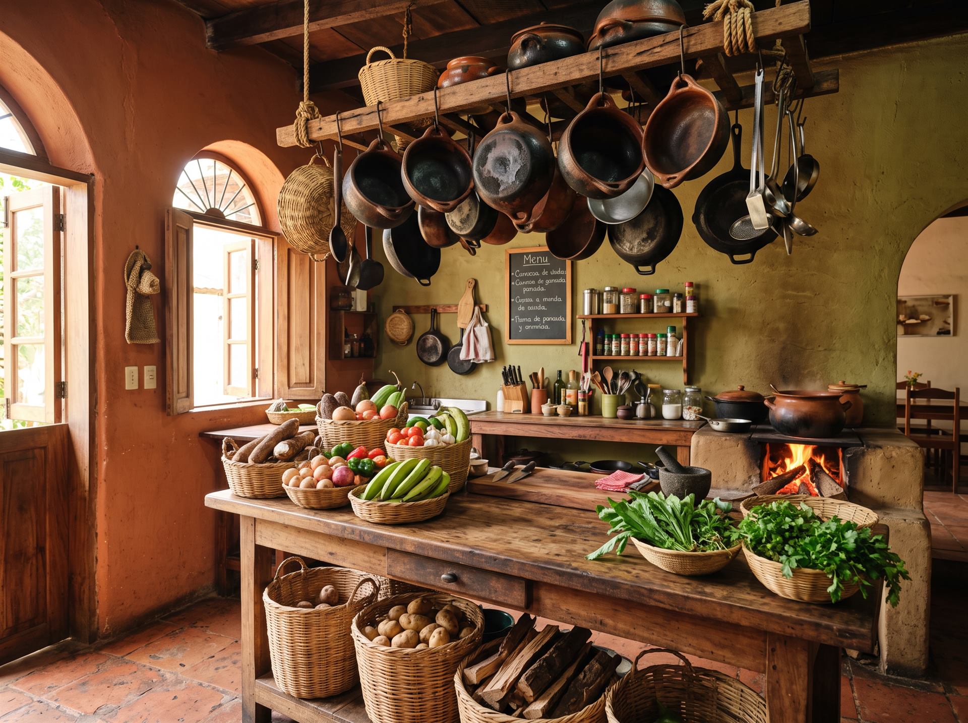 Cocina abierta de Fonda Raíces con ollas de barro y canastas de vegetales frescos