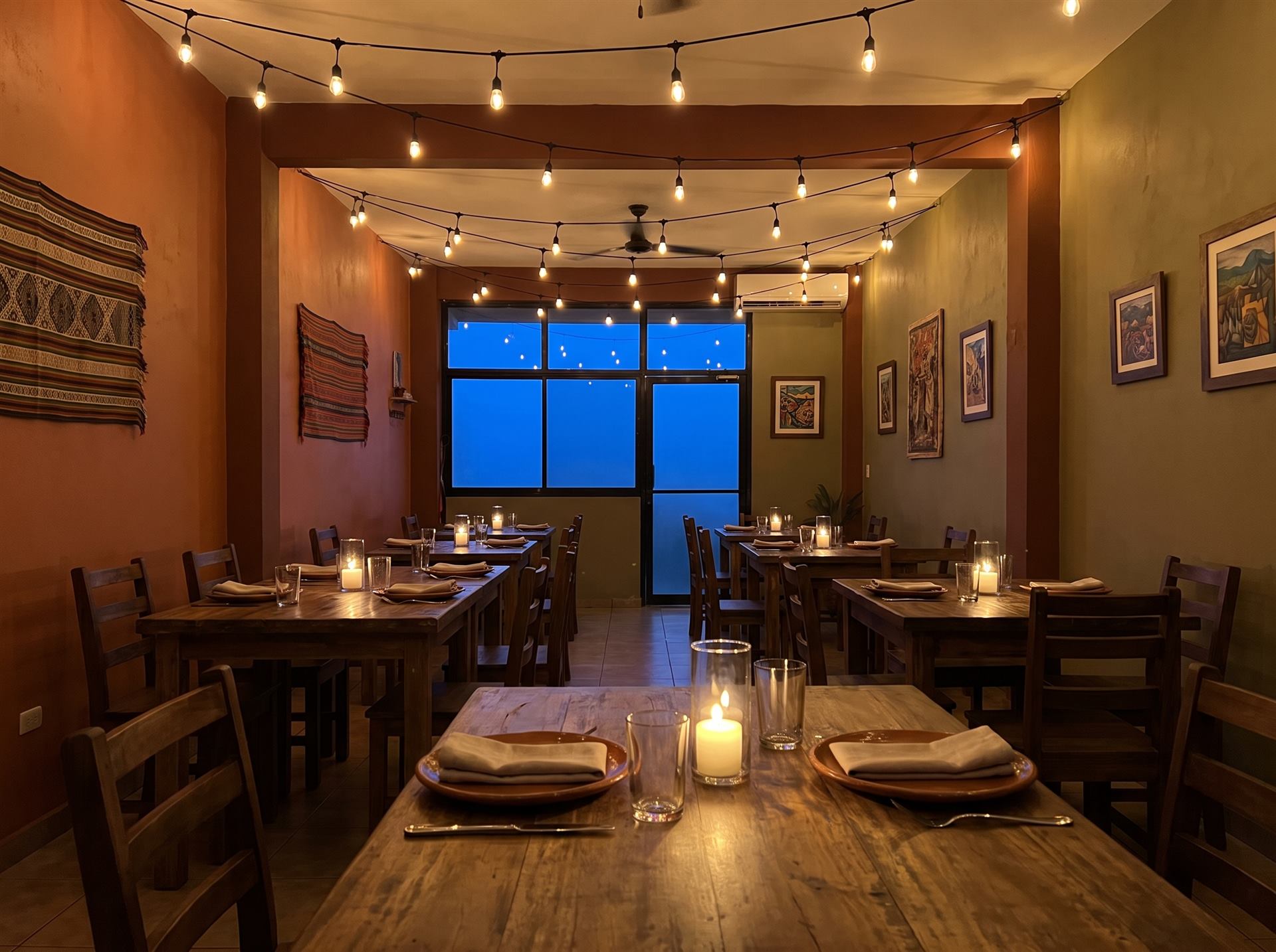 Comedor de Fonda Raíces por la noche, con velas y luces cálidas